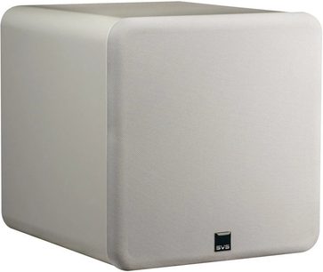Caisson de grave SVS SB-1000 blanc laqué, forme cubique arrondie, vue de face en légère plongée