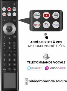 Telecomandă neagră din plastic, vedere din față, butoane dedicate Disney+, YouTube, Prime Video, Netflix, panou solar în partea de jos