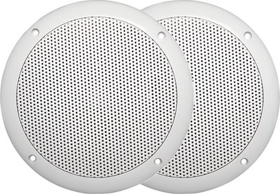 Paire d’enceintes encastrables plafond ArtSound MDC64 rondes blanches à grille perforée vue de face