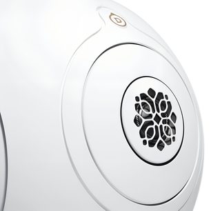 Cassa intelligente DEVIALET Phantom Ultimate 108 dB Opéra de Paris stereo, bianca, griglia metallica, primo piano laterale