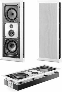 Focal Electra IW 1000 Be akustiske højttalere, set forfra og fra siden, hvid kabinet, sorte højttalere, metalrist