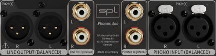 Pannello posteriore del preamplificatore phono SPL Phonos duo, ingressi XLR e RCA, uscite linea bilanciate