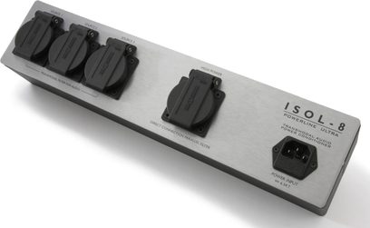 Isol-8 PowerLine Ultra 4 strømskinne set ovenfra, 4 stikkontakter, audiofiltre, tænd/sluk-knap