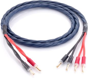Reproduktorový kabel Inakustik Speaker 425 2 x 3 m, tmavě modrý plastový opletený plášť, konce s pozlacenými banánkovými konektory v červené a černé barvě, pohled shora