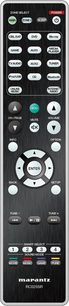 Czarny pilot zdalnego sterowania Marantz RC025SR z posrebrzanymi przyciskami i wyświetlaczem LCD, widok z przodu