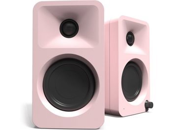 Set of two Kanto ORA smart speakers, matte pink rectangular enclosures made of smooth material, circular black woofer and tweeter embedded in a flared horn, front and three-quarter view