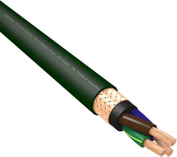 Furutech FP-TCS31 PC Triple C-leder strømkabel, grøn kappe, polerede kobberstik på hvid baggrund