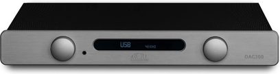 Atoll Electronique DAC300 sølvfarvet audio DAC-konverter, set forfra, med USB-display, 2 drejekontroller og børstet aluminiumsfront