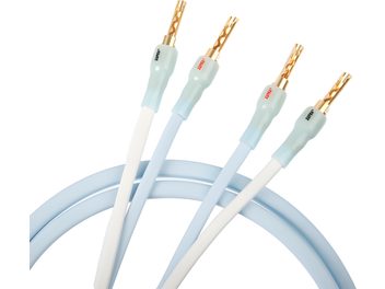 Four blue and white audio cables of varying lengths, terminated with gold-plated pin connectors