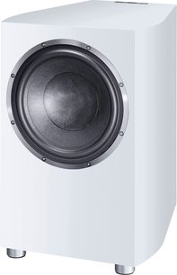 Heco Celan Revolution Sub 32 A subwoofer wit, kubusvormig, zwarte luidspreker aan voorzijde, afneembaar rooster, metalen voetjes