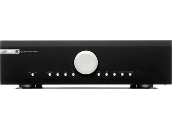 Preamplificatore stereo Musical Fidelity M6s PRE nero con pulsante centrale circolare bianco e 10 pulsanti allineati in basso