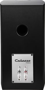 Altavoz de estantería Cabasse Minorca MC40, vista trasera, acabado en negro, puerto circular, placa metálica con conectores