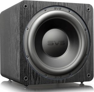 SVS SB-2000 Pro sort askebrun baskabin, frontvisning, mørkt træhus, sort rund højttaler i midten, SVS-logo
