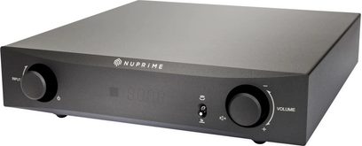 Nuprime IA-9X sort hi-fi stereforstærker, frontvisning med kontrolknapper og stik, rektangulært kabinet