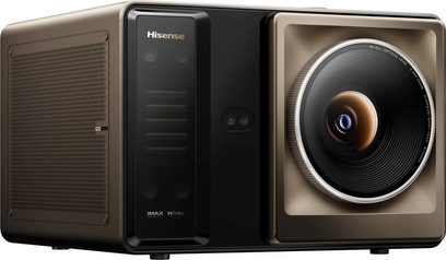 Hisense XR10-projektor i sort og bronze, set forfra med stort cirkulært objektiv og perforeret sidegitter