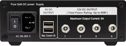 Napájecí zdroj Nuprime SiGa Power75, černý zadní panel se síťovým vstupem, dvěma porty USB a čtyřmi 12V výstupy