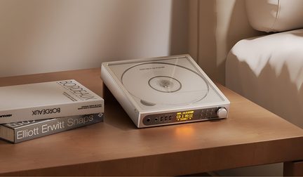 Silberner CD-Player mit transparentem Deckel, orangefarbenem Display und Lautstärkeregler auf einem Holz-Nachttisch