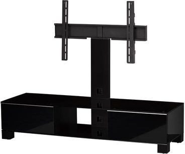 Sort TV-møbel med integreret TV-stander, 2 åbne hylder og sort metalfod