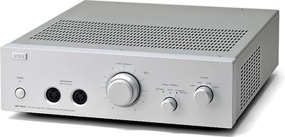 STAX SRM-T8000 silver headphone amplifier, front view, front panel with buttons and adjustment knobs, two headphone jacks