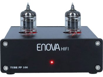 Przedwzmacniacz gramofonowy Enova HIFI Tube PP 100, widok z przodu, prostokątna czarna obudowa, 2 szklane lampy, 4 srebrne śruby, 1 czerwona dioda LED