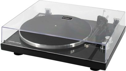 Hi-fi pladespiller Enova HIFI Vision 4 USB sort, set ovenfra, gennemsigtig låg, tonarm, drejeskive