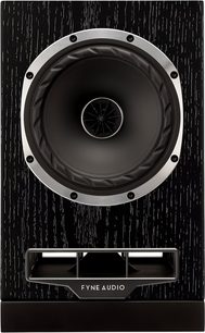 Fyne Audio F500S juodos peleno apdailos lentyninė kolonėlė, juodas medžio raštas, vaizdas iš priekio, koaksialinis garsiakalbis ir priekinis fazoinverteris