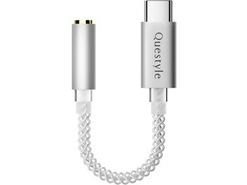 Sølvfarvet Questyle QLINK USB-C-adapter med jackstik og hvidt flettet kabel i U-form
