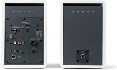 Draagbare bluetooth-luidspreker Onkyo GX-30ARC wit, achteraanzicht, 2 eenheden, grijze panelen, aansluitingen en knoppen zichtbaar op één ervan