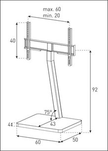Teknisk diagram med dimensioner af et Sonorous PL2700GRP-INOX grafitfarvet TV-møbel, set forfra, vægmontering med glashylde