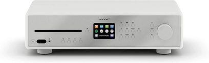 Sonoro Maestro alt-i-ét high-fidelity system i hvid og sølv, kompakt, rent design, udstyret front