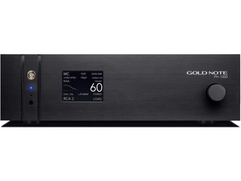Phono-forforstærker til pladespiller Gold Note PH-1000 sort front med digital skærm, drejeknap og sorte finish detaljer