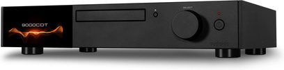 Audiolab 9000CDT musta värvi kõrglahutusega CD-mängija, vasakul helendav ekraan, CD-sahtel, pöördnupp ja silindrikujulised jalad