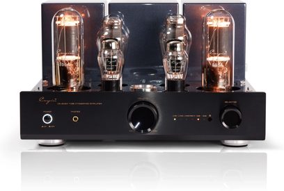 Amplificador integrado estéreo a válvulas Cayin CS-805A negro de metal, vista frontal, con cuatro grandes tubos de vidrio iluminados, panel frontal cepillado con gran mando de volumen central, selector, salida de auriculares e indicadores luminosos