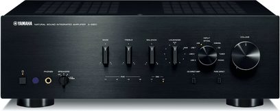 Yamaha A-S801 sort hi-fi stereoforstærker set forfra, frontpanel i børstet aluminium, knapper og stik på forsiden