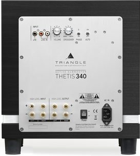 Aktiv Triangle Thetis 340 hvid basreflekshøjttaler, frontpanel med knapper og tilslutninger, set forfra
