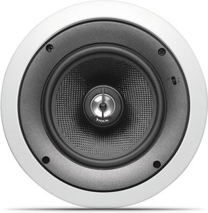 Vestavný reproduktor Focal Custom IC 106, pohled zepředu, černá kruhová mřížka s centrálním logem, bílý okraj