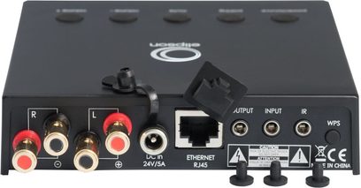 Fronten af Elipson Connect 250 stereo hi-fi-forstærker med RCA-indgange, Ethernet, optisk indgang, WPS og kontrolknapper