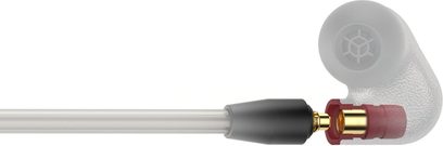 Sennheiser IE 600 kulak içi kulaklık gri renkte, köpük kulak uçları, altın kaplamalı kavisli jack konnektör ve şeffaf kablo ile