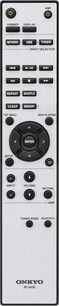 Sort Onkyo RC-932E fjernbetjening med knapper og drejeknapper til at styre et lydudstyr, set forfra
