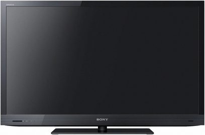 Fladskærms-TV Sony KDL-40EX720 med rektangulær sort skærm, set forfra, slukket, på ensfarvet sort baggrund, Sony-logo forneden