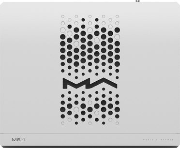 Boîtier réseau Matrix Audio MS‑1 argenté en aluminium sablé, vue de dessus, grille centrale à perforations circulaires dessinant le logo « MA », inscriptions « MS·1 » et « MUSIC STREAMER » sérigraphiées en bord inférieur