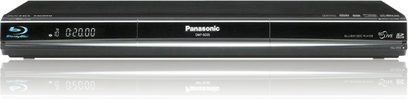Panasonic DMP-BD35 Blu-ray-afspiller, set forfra, sort farve, blåt digitalt display, kontrolknapper på fronten