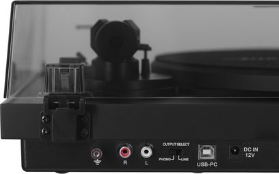 Enova HIFI VISION4 G2 BLM sort pladespiller, set bagfra med røget låg, RCA-udgange, USB-PC og DC