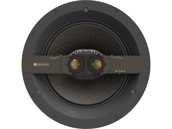 Vstavané reproduktory Monitor Audio C2L-T2X, čierna mriežka, zlatý výškový reproduktor, sivý reproduktor, čierny rám
