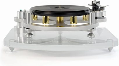 Giradischi Michell Engineering Orbe con braccio di lettura, piatti trasparenti esagonali e piedini conici argentati