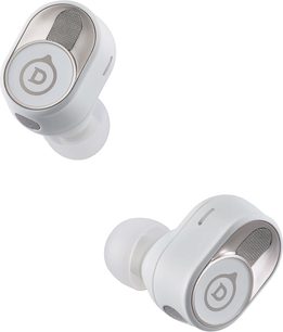 Bezdrátové sluchátka DEVIALET Gemini II iconic bílé, pohled z profilu a zepředu, bílá úprava, kovový gril na náušnících