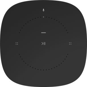 Trådløs højttaler Sonos One (Gen 2) i mat sort, set ovenfra, cylindrisk form, perforeret sort gitter, berøringsknapper