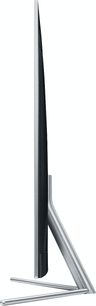 Samsung QE65Q7F TV set fra siden, flad og tynd skærm, sølvfarvet metalramme, bagudvendt metalfod