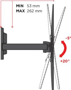 Suport TV de perete negru, înclinabil și orientabil, brațe articulate, dimensiuni minime 53 mm, maxime 262 mm, înclinare de la -5° până la +20°