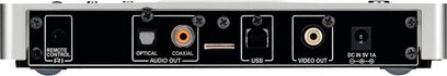 Onkyo ND-S1 sidabrinės spalvos galiniai jungtys: optinis įėjimas, koaksialinis įėjimas, USB, vaizdo išvestis, nuotolinio valdymo pultas, maitinimo šaltinis